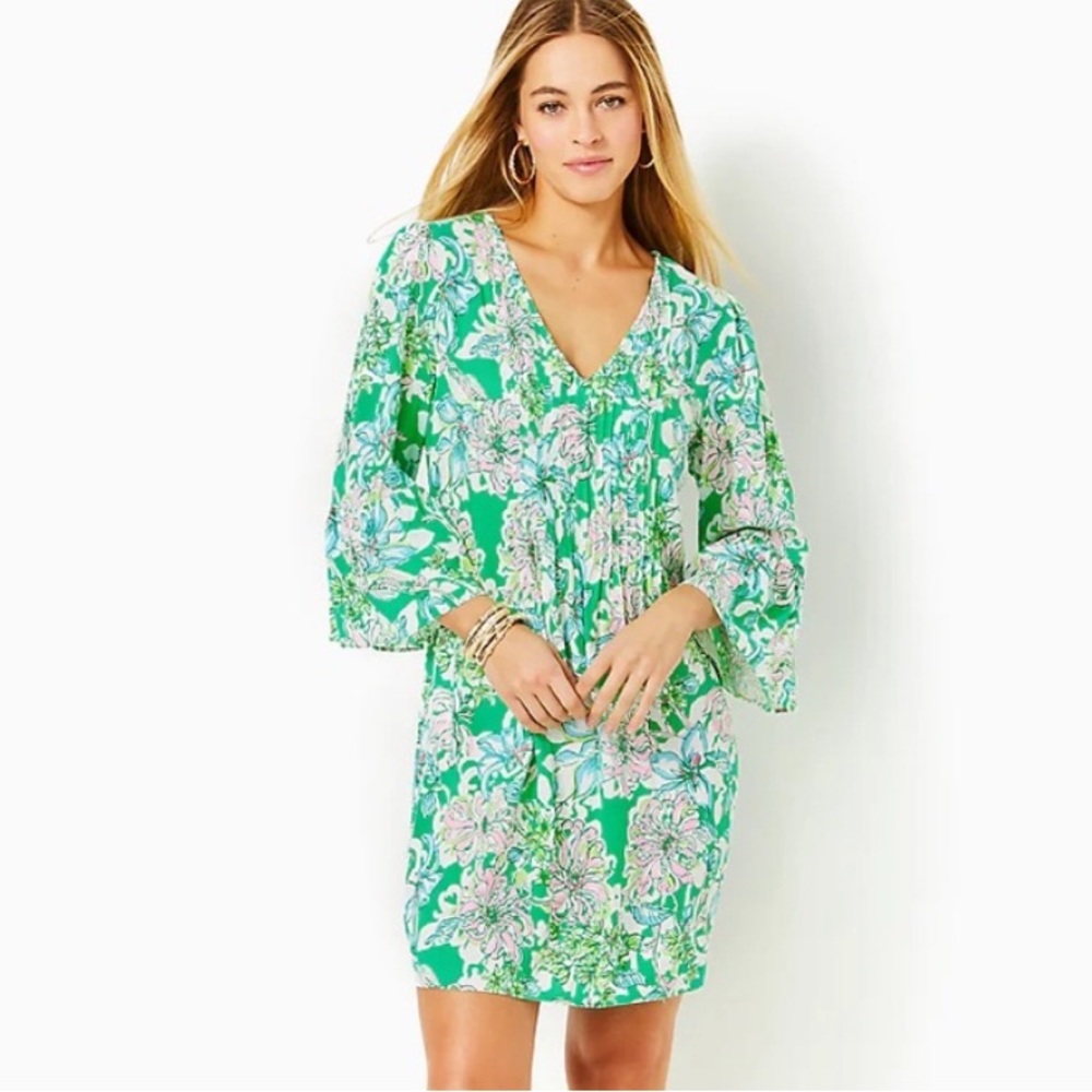 Lilly Pulitzer Danika 3/4 Bell Sleeve Tunic Dress Spearmint‎ Blossom Views Green